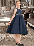 Elisa A-Line Scoop Neck Knee-Length Satin Lace Junior Bridesmaid Dress With Beading Bow(s) STKP0013559