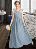 Lesley A-Line V-neck Floor-Length Chiffon Junior Bridesmaid Dress With Ruffle STKP0013561