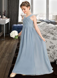 Lesley A-Line V-neck Floor-Length Chiffon Junior Bridesmaid Dress With Ruffle STKP0013561