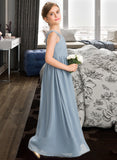 Lesley A-Line V-neck Floor-Length Chiffon Junior Bridesmaid Dress With Ruffle STKP0013561