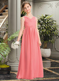 Clara EmpireV-neckFloor-LengthChiffonJuniorBridesmaidDressWithRuffleBeadingSequins#173291 STKP0013562