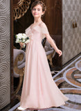 Adalyn A-Line V-neck Floor-Length Chiffon Junior Bridesmaid Dress With Cascading Ruffles STKP0013567