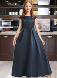 Azul A-Line Scoop Neck Floor-Length Satin Lace Junior Bridesmaid Dress With Beading Sequins Bow(s) STKP0013574