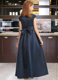 Azul A-Line Scoop Neck Floor-Length Satin Lace Junior Bridesmaid Dress With Beading Sequins Bow(s) STKP0013574