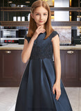 Azul A-Line Scoop Neck Floor-Length Satin Lace Junior Bridesmaid Dress With Beading Sequins Bow(s) STKP0013574