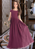 Reyna A-Line Square Neckline Floor-Length Chiffon Junior Bridesmaid Dress With Lace Bow(s) Pleated STKP0013576