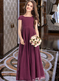 Reyna A-Line Square Neckline Floor-Length Chiffon Junior Bridesmaid Dress With Lace Bow(s) Pleated STKP0013576