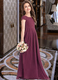 Reyna A-Line Square Neckline Floor-Length Chiffon Junior Bridesmaid Dress With Lace Bow(s) Pleated STKP0013576