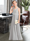 Taliyah A-Line V-neck Floor-Length Chiffon Lace Junior Bridesmaid Dress STKP0013579