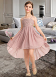 Kaylynn A-Line Square Neckline Asymmetrical Chiffon Lace Junior Bridesmaid Dress STKP0013580