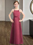 Giana A-Line Square Neckline Floor-Length Satin Junior Bridesmaid Dress With Bow(s) STKP0013585