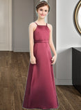 Giana A-Line Square Neckline Floor-Length Satin Junior Bridesmaid Dress With Bow(s) STKP0013585