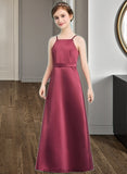 Giana A-Line Square Neckline Floor-Length Satin Junior Bridesmaid Dress With Bow(s) STKP0013585