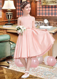 Haley A-Line Square Neckline Knee-Length Satin Junior Bridesmaid Dress With Bow(s) STKP0013593