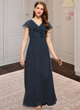 Peyton A-Line V-neck Floor-Length Chiffon Junior Bridesmaid Dress With Bow(s) Cascading Ruffles STKP0013599