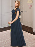 Peyton A-Line V-neck Floor-Length Chiffon Junior Bridesmaid Dress With Bow(s) Cascading Ruffles STKP0013599