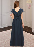 Peyton A-Line V-neck Floor-Length Chiffon Junior Bridesmaid Dress With Bow(s) Cascading Ruffles STKP0013599