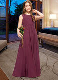 Marisol A-Line Scoop Neck Floor-Length Chiffon Lace Junior Bridesmaid Dress With Ruffle Bow(s) STKP0013600