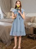 Poll A-Line Scoop Neck Knee-Length Chiffon Junior Bridesmaid Dress With Bow(s) Cascading Ruffles STKP0013601