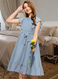 Poll A-Line Scoop Neck Knee-Length Chiffon Junior Bridesmaid Dress With Bow(s) Cascading Ruffles STKP0013601