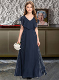 Marlee A-Line V-neck Floor-Length Chiffon Junior Bridesmaid Dress STKP0013611