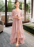 Rosie A-Line Scoop Neck Asymmetrical Chiffon Junior Bridesmaid Dress With Bow(s) Cascading Ruffles STKP0013612