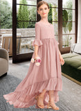 Rosie A-Line Scoop Neck Asymmetrical Chiffon Junior Bridesmaid Dress With Bow(s) Cascading Ruffles STKP0013612