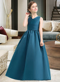 Lara Ball-Gown/Princess V-neck Floor-Length Satin Junior Bridesmaid Dress With Ruffle STKP0013613