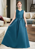 Lara Ball-Gown/Princess V-neck Floor-Length Satin Junior Bridesmaid Dress With Ruffle STKP0013613