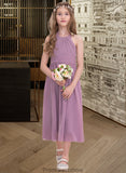 Keely A-Line Halter Tea-Length Chiffon Junior Bridesmaid Dress With Ruffle STKP0013616