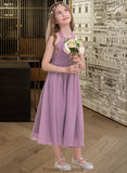 Keely A-Line Halter Tea-Length Chiffon Junior Bridesmaid Dress With Ruffle STKP0013616