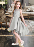 Sandy A-Line Scoop Neck Asymmetrical Satin Junior Bridesmaid Dress STKP0013618