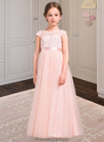 Aliyah A-Line Scoop Neck Floor-Length Tulle Lace Junior Bridesmaid Dress With Bow(s) STKP0013619