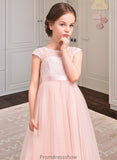 Aliyah A-Line Scoop Neck Floor-Length Tulle Lace Junior Bridesmaid Dress With Bow(s) STKP0013619