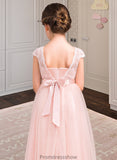 Aliyah A-Line Scoop Neck Floor-Length Tulle Lace Junior Bridesmaid Dress With Bow(s) STKP0013619