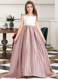 Carla Ball-Gown/Princess Scoop Neck Sweep Train Satin Junior Bridesmaid Dress With Bow(s) Pockets STKP0013626