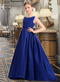 Dominique Ball-Gown/Princess Scoop Neck Sweep Train Satin Junior Bridesmaid Dress With Bow(s) STKP0013628