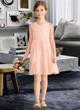 Matilda A-Line V-neck Knee-Length Chiffon Lace Junior Bridesmaid Dress With Cascading Ruffles STKP0013630