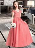 Lina A-Line V-neck Floor-Length Chiffon Lace Junior Bridesmaid Dress STKP0013634