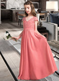 Lina A-Line V-neck Floor-Length Chiffon Lace Junior Bridesmaid Dress STKP0013634