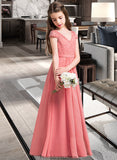 Lina A-Line V-neck Floor-Length Chiffon Lace Junior Bridesmaid Dress STKP0013634