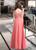 Lina A-Line V-neck Floor-Length Chiffon Lace Junior Bridesmaid Dress STKP0013634