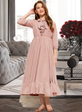 Michelle A-Line Scoop Neck Tea-Length Chiffon Junior Bridesmaid Dress With Bow(s) Cascading Ruffles STKP0013638