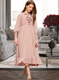 Michelle A-Line Scoop Neck Tea-Length Chiffon Junior Bridesmaid Dress With Bow(s) Cascading Ruffles STKP0013638