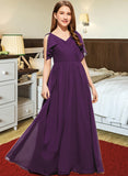 Regina A-Line V-neck Floor-Length Chiffon Junior Bridesmaid Dress With Bow(s) Cascading Ruffles STKP0013639