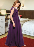 Regina A-Line V-neck Floor-Length Chiffon Junior Bridesmaid Dress With Bow(s) Cascading Ruffles STKP0013639