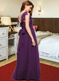 Regina A-Line V-neck Floor-Length Chiffon Junior Bridesmaid Dress With Bow(s) Cascading Ruffles STKP0013639