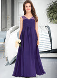 Elva A-Line V-neck Floor-Length Chiffon Junior Bridesmaid Dress With Ruffle STKP0013642