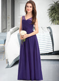 Elva A-Line V-neck Floor-Length Chiffon Junior Bridesmaid Dress With Ruffle STKP0013642