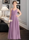 Mariam A-Line V-neck Floor-Length Chiffon Junior Bridesmaid Dress With Cascading Ruffles STKP0013644